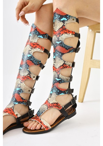 Hakiki Deri Lilith Siyah-Renkli Yılan Derisi Desenli Diz Altı Gladyatör Sandalet fiyatları