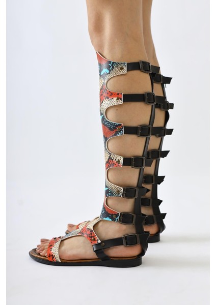 Hakiki Deri Lilith Siyah-Renkli Yılan Derisi Desenli Diz Altı Gladyatör Sandalet modelleri