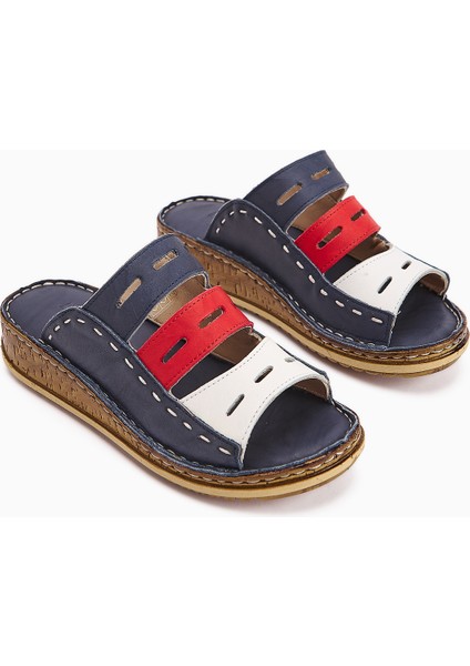Hakiki Deri Joelle Lacivert Kırmızı Beyaz Comfort Lazer Kesim Terlik