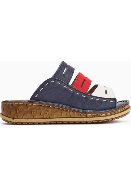 Hakiki Deri Joelle Lacivert Kırmızı Beyaz Comfort Lazer Kesim Terlik fiyatları