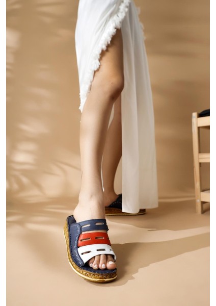 Hakiki Deri Joelle Lacivert Kırmızı Beyaz Comfort Lazer Kesim Terlik fırsatları