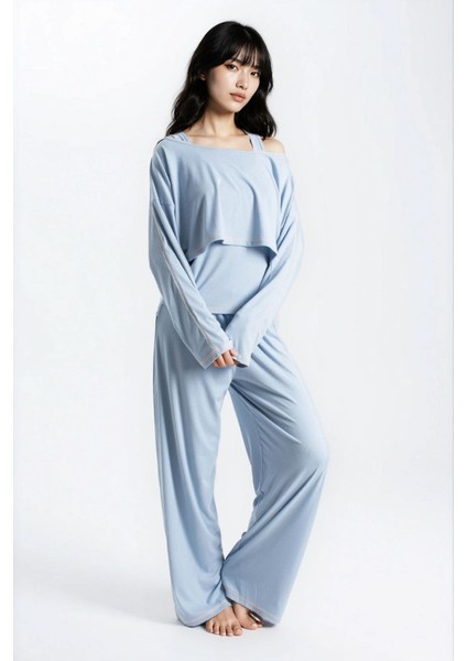 Kadın Mavi Raporlu Kaşkorse Doku Seoul 3 Lü Pijama Takım