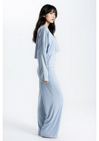 Kadın Mavi Raporlu Kaşkorse Doku Seoul 3 Lü Pijama Takım modelleri