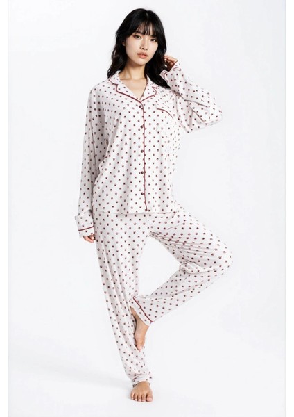 Kadın Taş Pari Raporlu Kaşkorse Doku Seoul Uzun Kol Üst Pantolon Pijama Takım