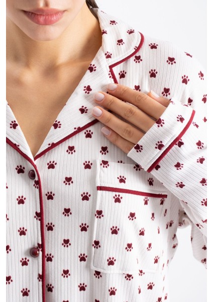 Kadın Taş Pari Raporlu Kaşkorse Doku Seoul Uzun Kol Üst Pantolon Pijama Takım