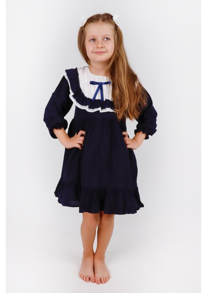 Lacivert Vintage Kız Çocuk Elbise - Silvia