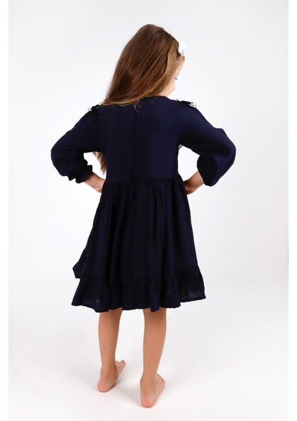 Lacivert Vintage Kız Çocuk Elbise - Silvia