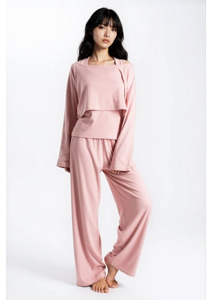 Kadın Pudra Raporlu Kaşkorse Doku Seoul 3 Lü Pijama Takım