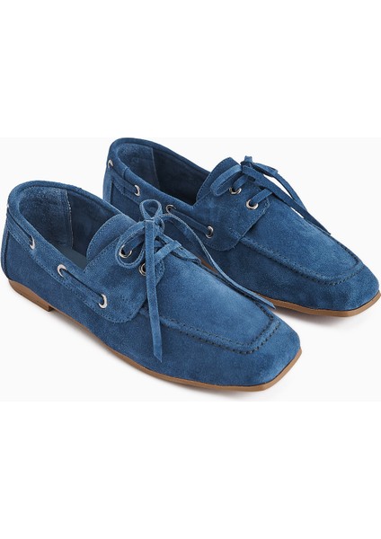 Arian Hakiki Deri Mavi Süet Bağcıklı Makosen Günlük Loafer Kadın Ayakkabı
