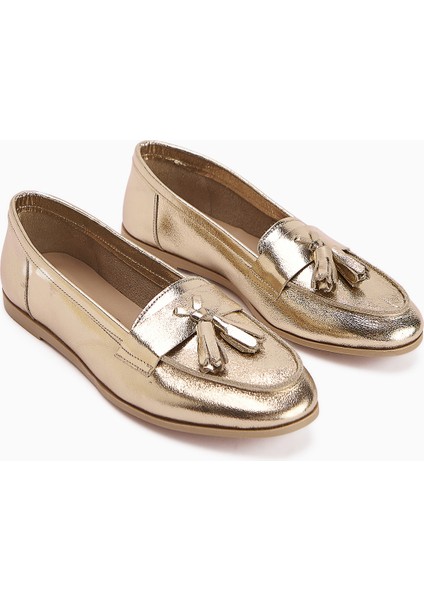 Doris Hakiki Deri Altın Metalik Püsküllü Kadın Loafer Ayakkabı