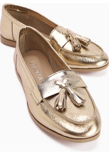 Doris Hakiki Deri Altın Metalik Püsküllü Kadın Loafer Ayakkabı modelleri