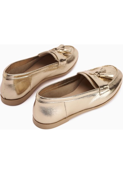 Doris Hakiki Deri Altın Metalik Püsküllü Kadın Loafer Ayakkabı indirimleri