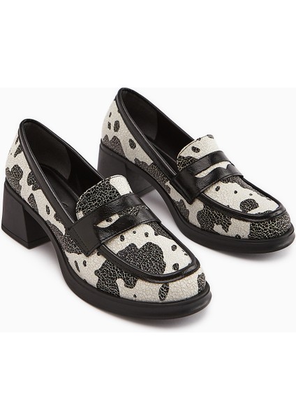 Keyla Siyah Beyaz Monokrom Desenli Kadın Loafer Ayakkabı modelleri