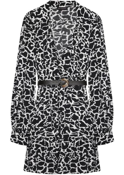 Elbise Gömlek Yaka Desenli Beli Lastik Detaylı Siyah (Kemersiz)