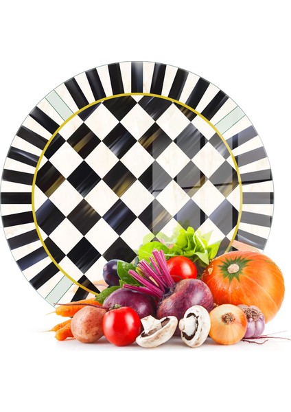 Cam Kesme Tahtası ve Sunumluk Yuvarlak Mackenzie Siyah Beyaz Dama Desenli 30X30 cm