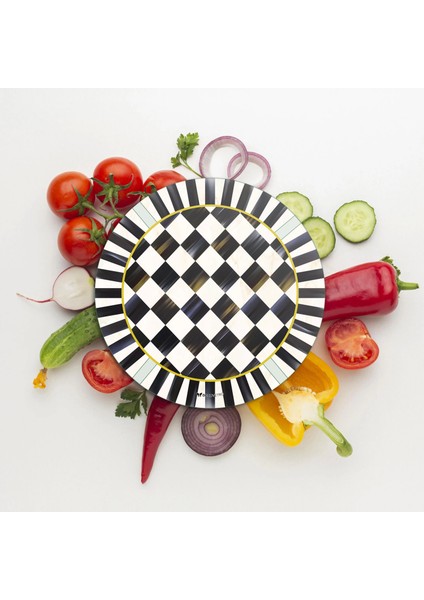 Cam Kesme Tahtası ve Sunumluk Yuvarlak Mackenzie Siyah Beyaz Dama Desenli 30X30 cm modelleri