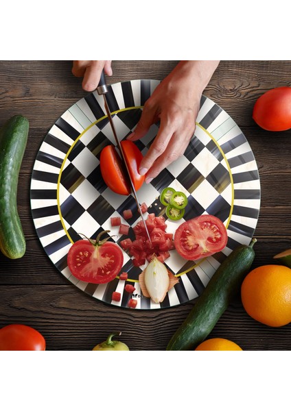 Cam Kesme Tahtası ve Sunumluk Yuvarlak Mackenzie Siyah Beyaz Dama Desenli 30X30 cm fırsatları