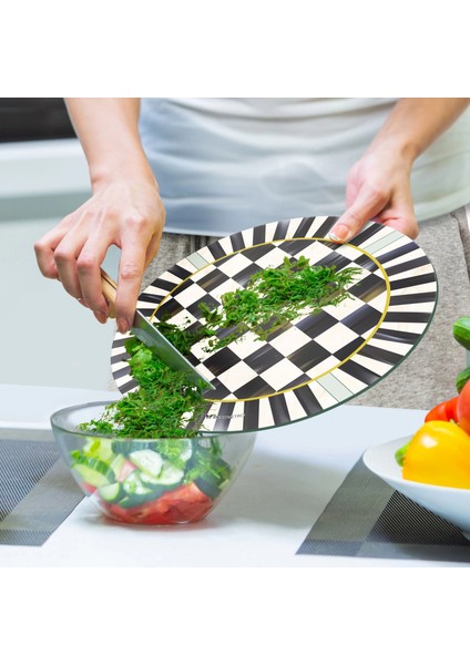 Cam Kesme Tahtası ve Sunumluk Yuvarlak Mackenzie Siyah Beyaz Dama Desenli 30X30 cm indirimleri