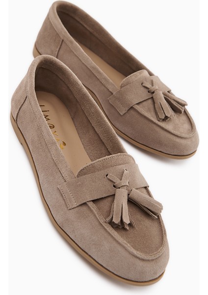 Doris Hakiki Deri Bej Süet Püsküllü Kadın Loafer Ayakkabı modelleri