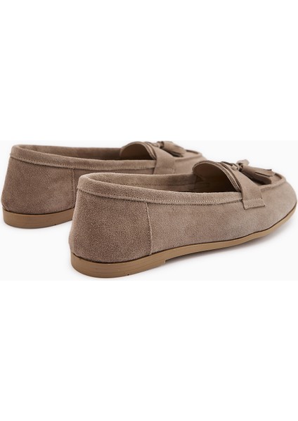 Doris Hakiki Deri Bej Süet Püsküllü Kadın Loafer Ayakkabı indirimleri