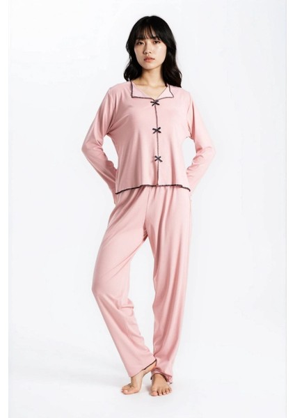 Kadın Pudra Raporlu Kaşkorse Doku Seoul Uzun Kol Üst Pantolon Pijama Takım