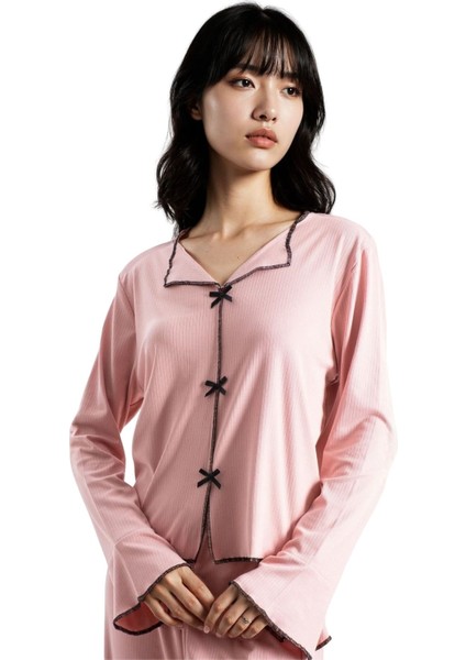 Kadın Pudra Raporlu Kaşkorse Doku Seoul Uzun Kol Üst Pantolon Pijama Takım fiyatları