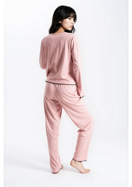 Kadın Pudra Raporlu Kaşkorse Doku Seoul Uzun Kol Üst Pantolon Pijama Takım fırsatları