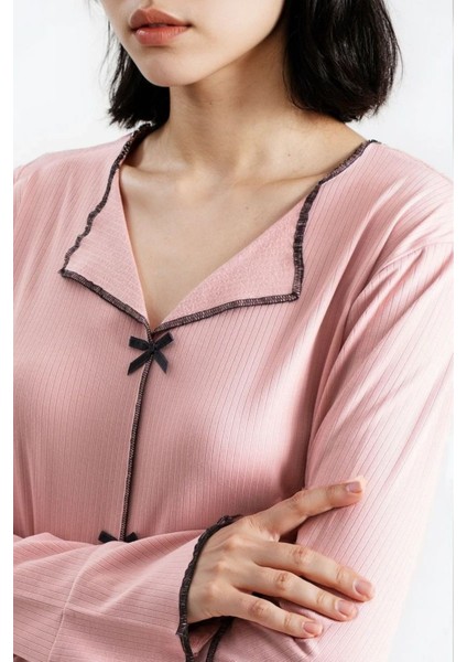 Kadın Pudra Raporlu Kaşkorse Doku Seoul Uzun Kol Üst Pantolon Pijama Takım indirimleri