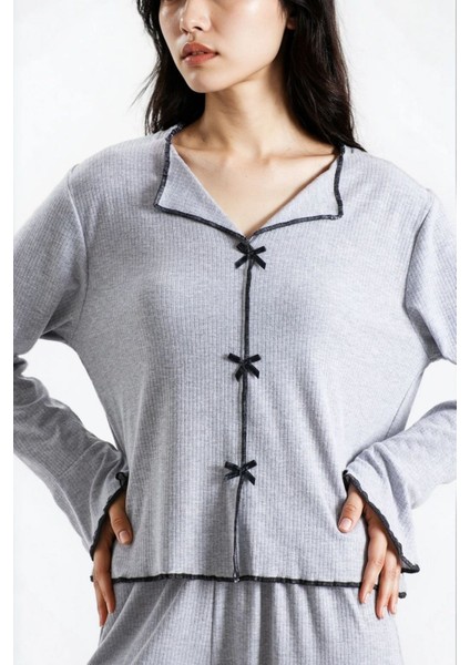 Kadın Gri Melanj Raporlu Kaşkorse Doku Seoul Uzun Kol Üst Pantolon Pijama Takım fiyatları