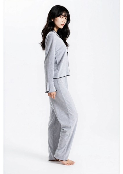Kadın Gri Melanj Raporlu Kaşkorse Doku Seoul Uzun Kol Üst Pantolon Pijama Takım modelleri