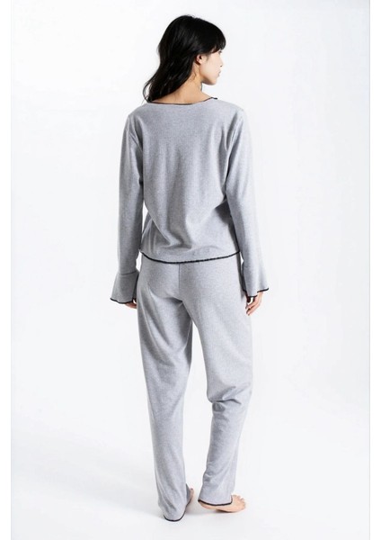 Kadın Gri Melanj Raporlu Kaşkorse Doku Seoul Uzun Kol Üst Pantolon Pijama Takım fırsatları