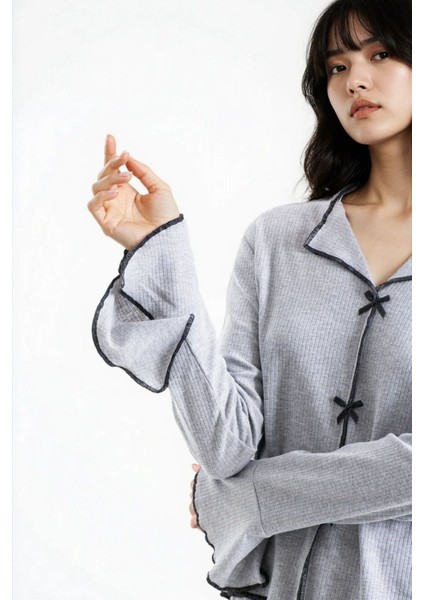 Kadın Gri Melanj Raporlu Kaşkorse Doku Seoul Uzun Kol Üst Pantolon Pijama Takım indirimleri