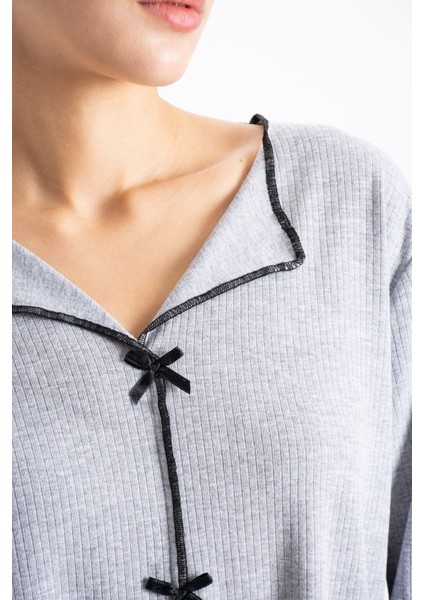 Kadın Gri Melanj Raporlu Kaşkorse Doku Seoul Uzun Kol Üst Pantolon Pijama Takım