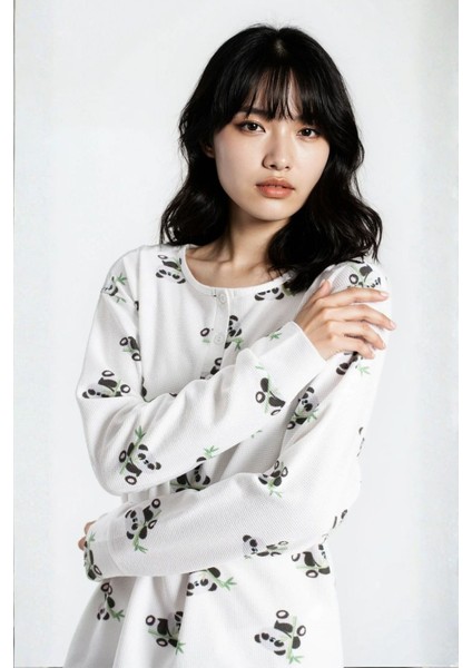 Kadın Ekru Waffle Panda Kingdom Desenli Uzun Kol Pantolon Pijama Takım fiyatları