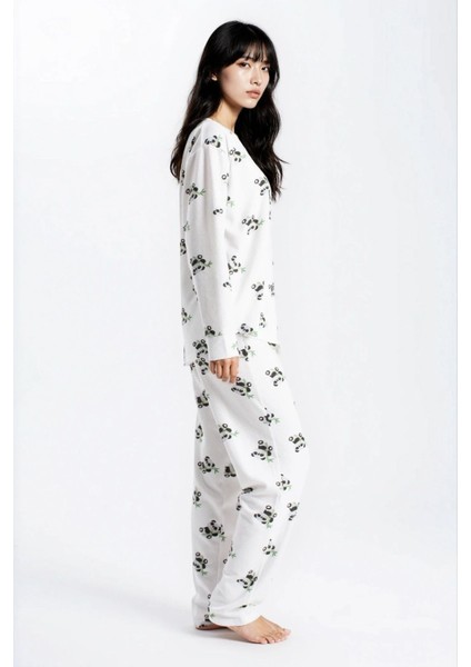 Kadın Ekru Waffle Panda Kingdom Desenli Uzun Kol Pantolon Pijama Takım modelleri