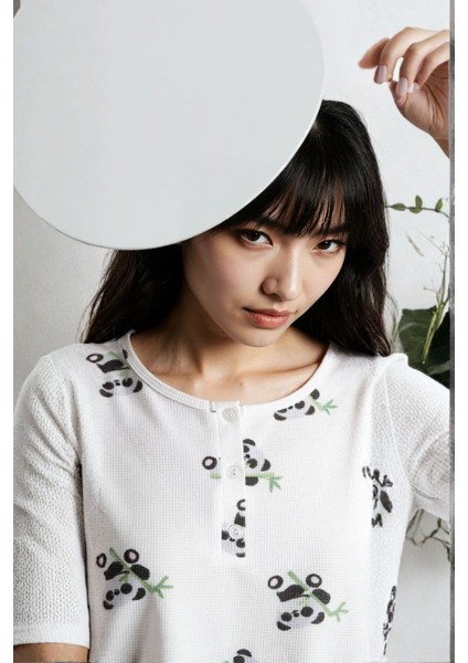 Kadın Ekru Waffle Panda Kingdom Desenli Uzun Kol Pantolon Pijama Takım indirimleri