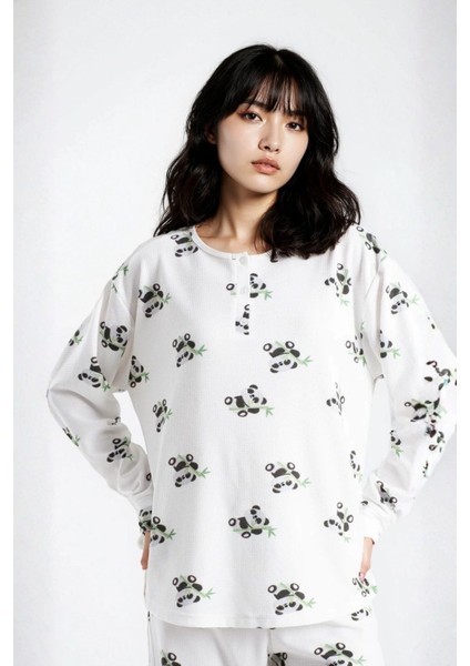 Kadın Ekru Waffle Panda Kingdom Desenli Uzun Kol Pantolon Pijama Takım