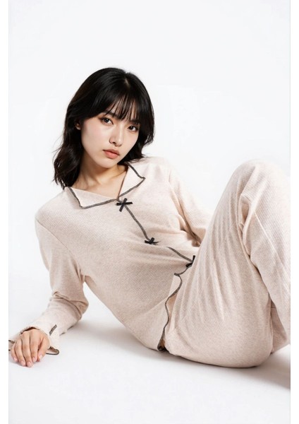 Kadın Taş Melanj Raporlu Kaşkorse Doku Seoul Uzun Kol Üst Pantolon Pijama Takım fiyatları