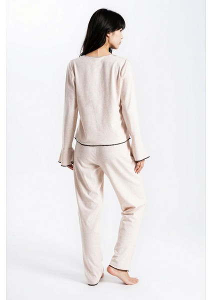Kadın Taş Melanj Raporlu Kaşkorse Doku Seoul Uzun Kol Üst Pantolon Pijama Takım fırsatları