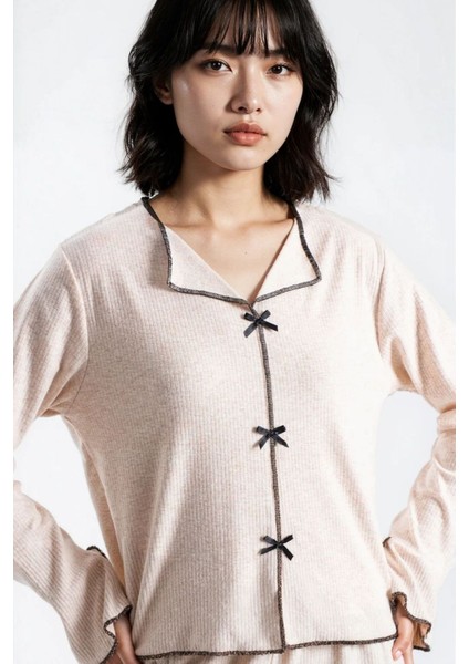 Kadın Taş Melanj Raporlu Kaşkorse Doku Seoul Uzun Kol Üst Pantolon Pijama Takım