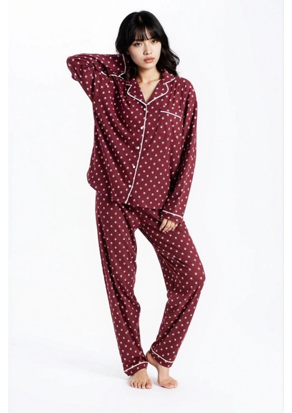 Kadın Bordo Pari Raporlu Kaşkorse Doku Seoul Uzun Kol Üst Pantolon Pijama Takım