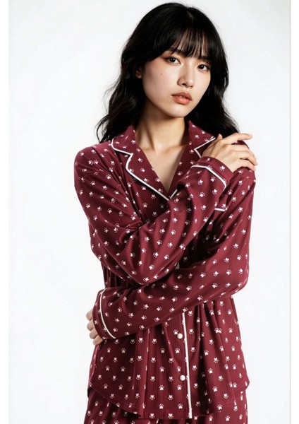 Kadın Bordo Pari Raporlu Kaşkorse Doku Seoul Uzun Kol Üst Pantolon Pijama Takım fiyatları