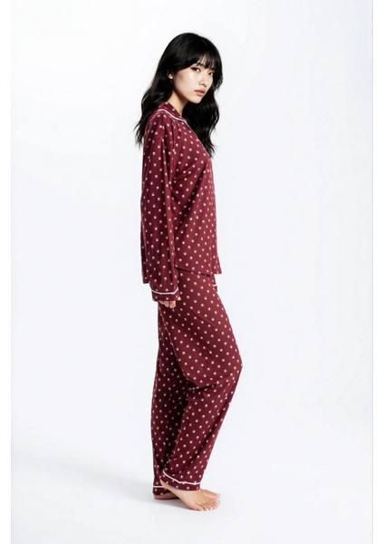 Kadın Bordo Pari Raporlu Kaşkorse Doku Seoul Uzun Kol Üst Pantolon Pijama Takım modelleri