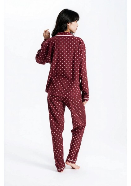 Kadın Bordo Pari Raporlu Kaşkorse Doku Seoul Uzun Kol Üst Pantolon Pijama Takım fırsatları