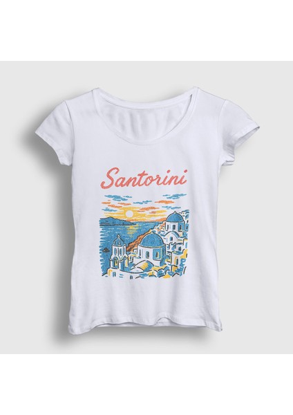 Kadın Beyaz Santorini Greece Yunanistan T-Shirt