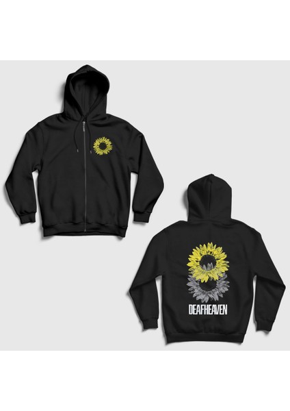Unisex Siyah Sunflower Deafheaven Sırt Baskılı Fermuarlı Kapüşonlu Sweatshirt