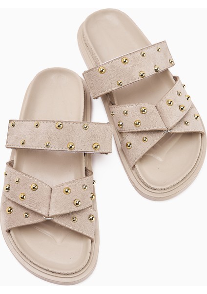 Mino Bej Çapraz Bantlı Zımbalı Kadın Terlik fiyatları