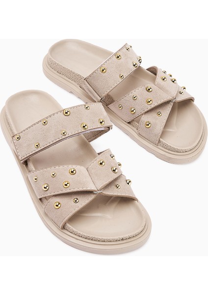 Mino Bej Çapraz Bantlı Zımbalı Kadın Terlik modelleri