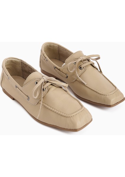 Arian Hakiki Deri Bej Bağcıklı Makosen Günlük Loafer Kadın Ayakkabı