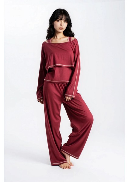 Kadın Bordo Raporlu Kaşkorse Doku Seoul 3 Lü Pijama Takım